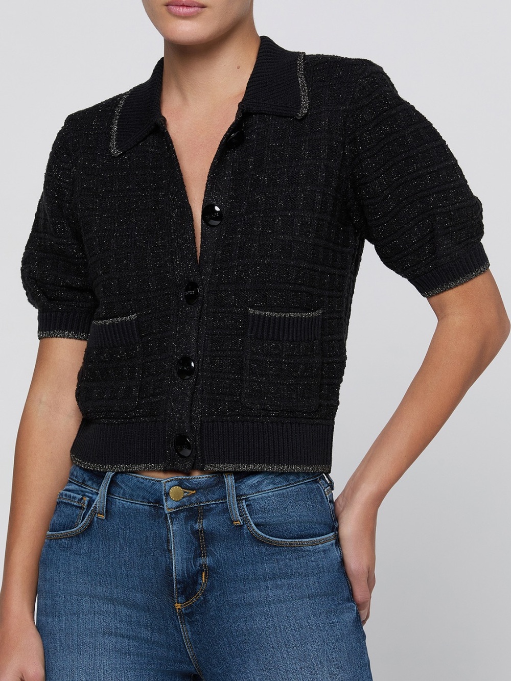 L’AGENCE Novalie Short Sleeve Cardigan Sweater in Black